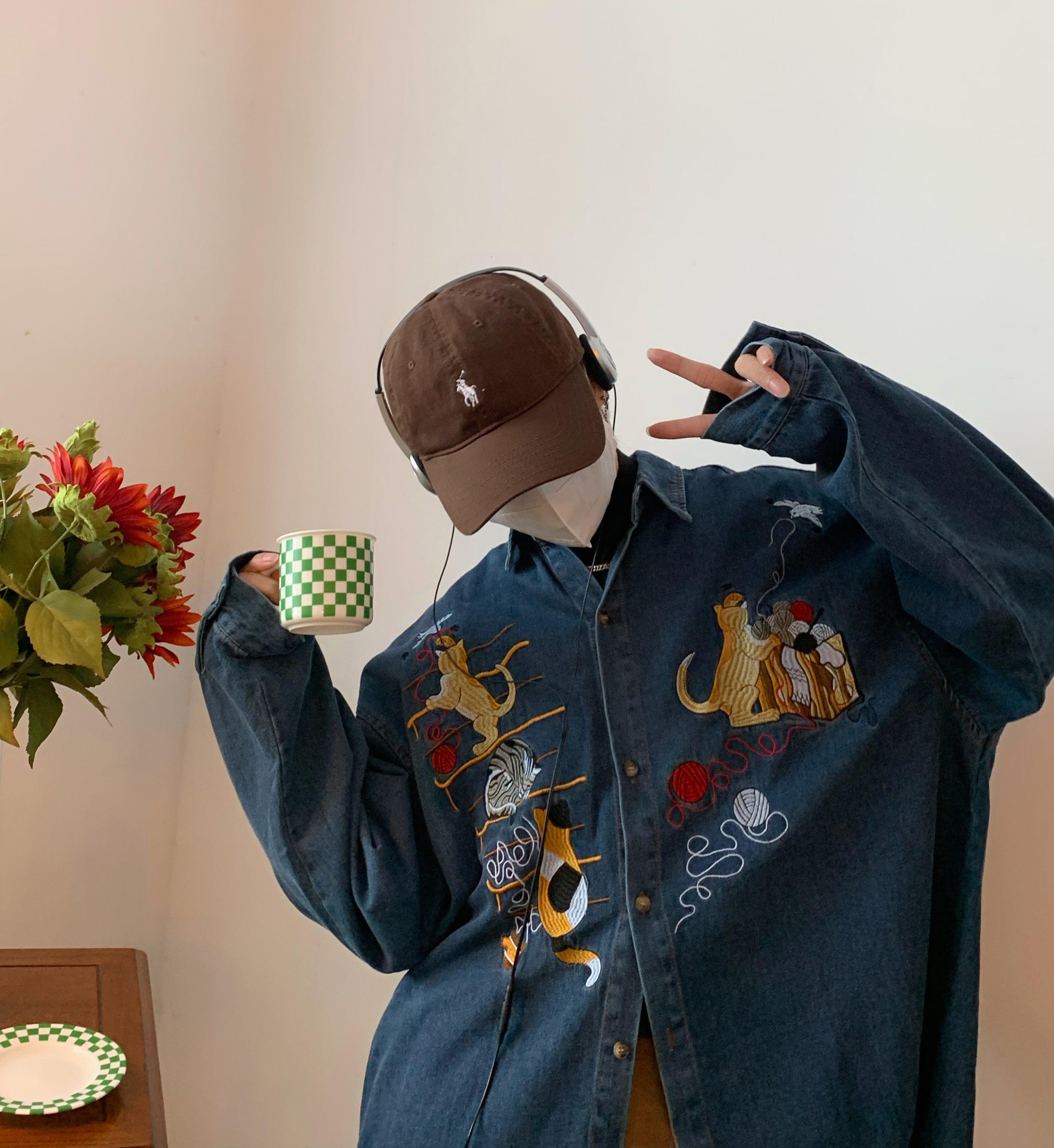 Cat Embroidery Retro Denim Shirt