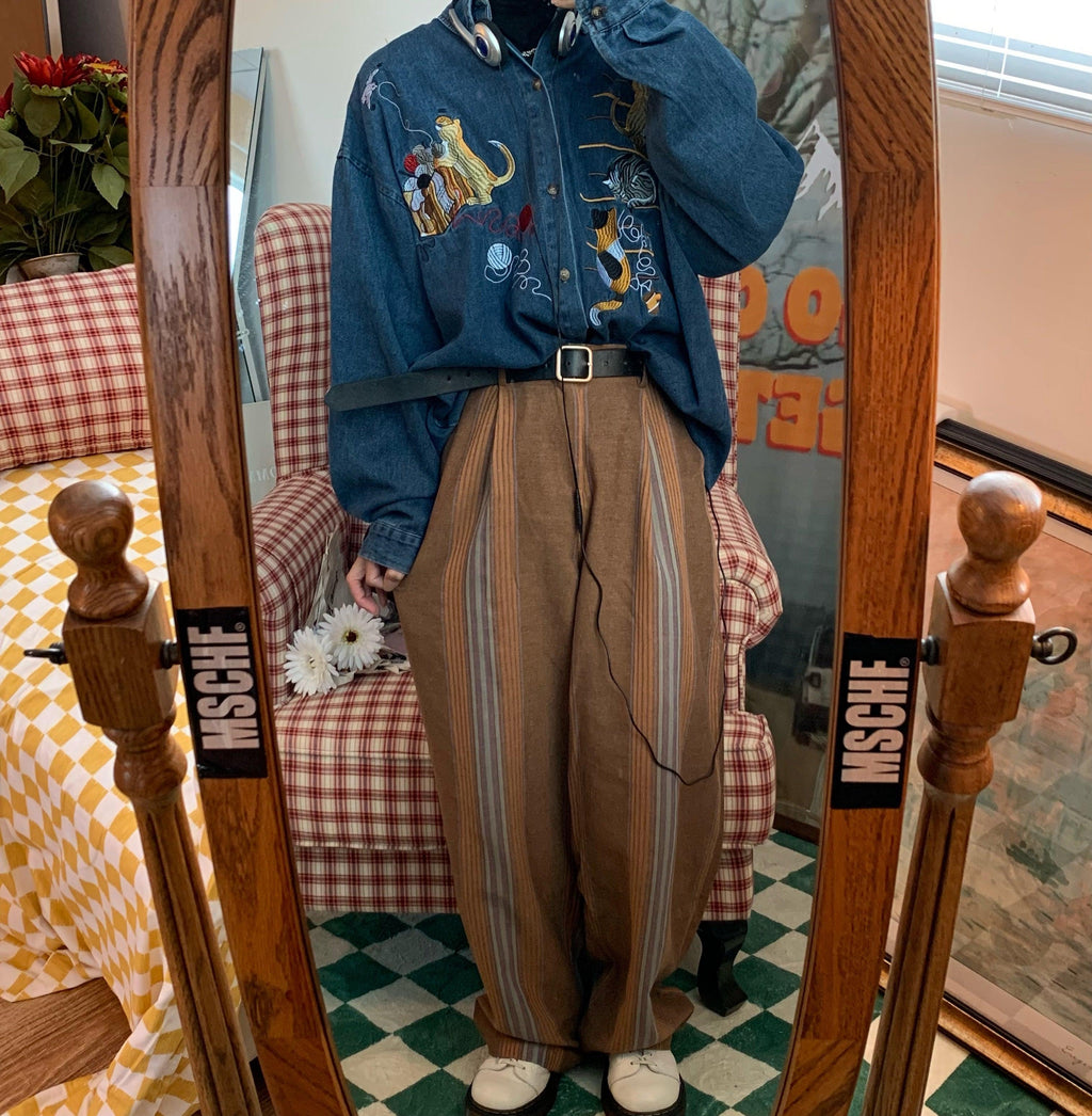 Cat Embroidery Retro Denim Shirt