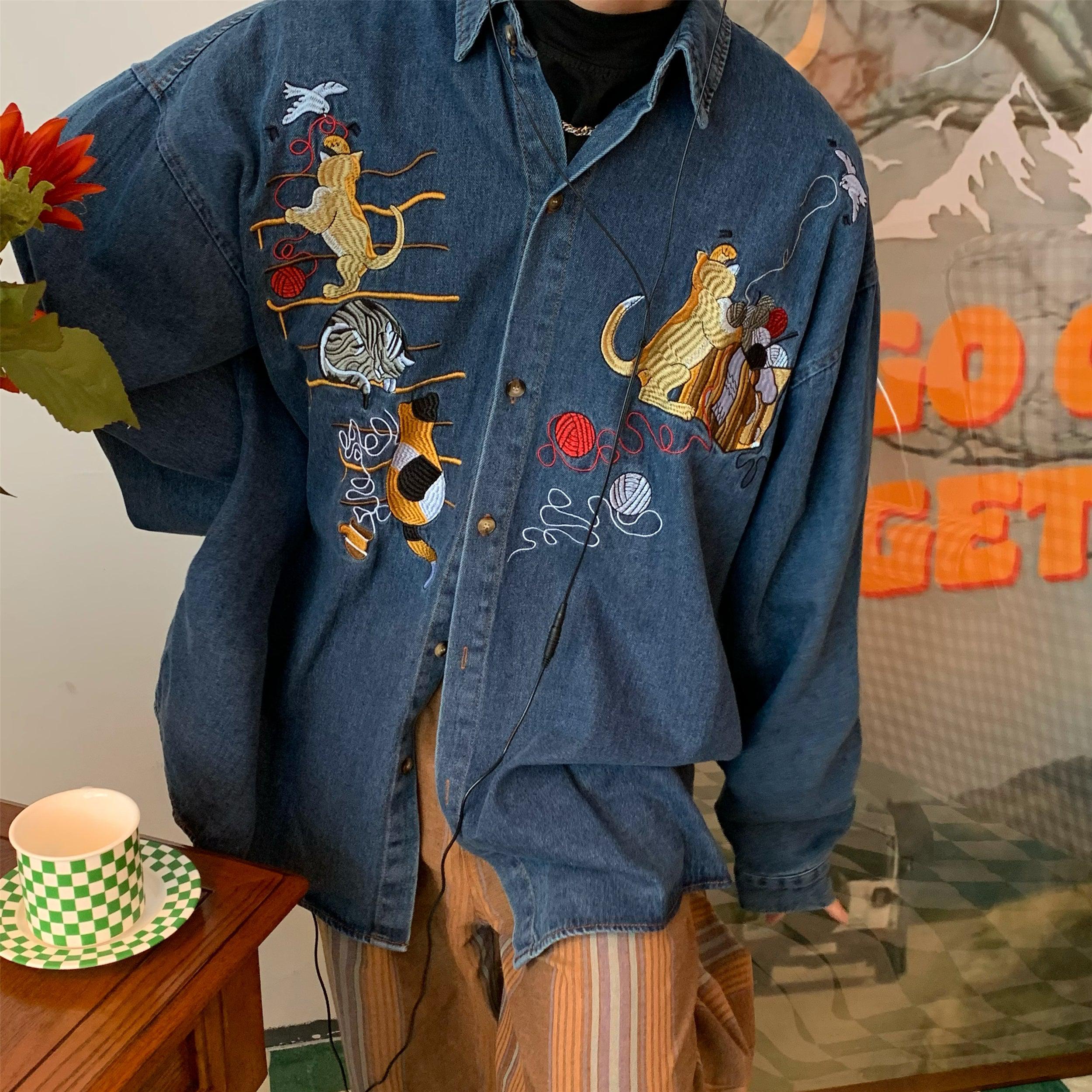 Cat Embroidery Retro Denim Shirt