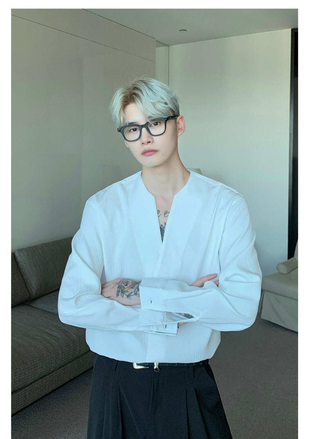 Long Sleeve V Neck Pleated Shirt
