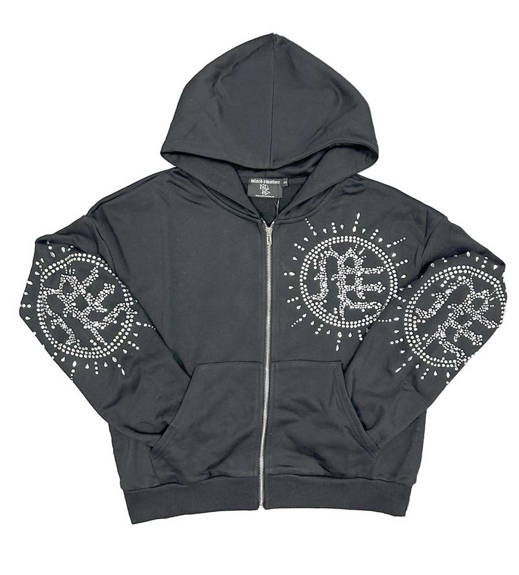Mixed Emotions Eclipse Rhinestone Hoodie Acid Wash Grey