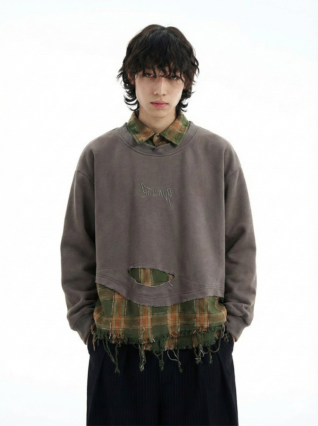 Plaid Patchwork Ripped Sweatshirt