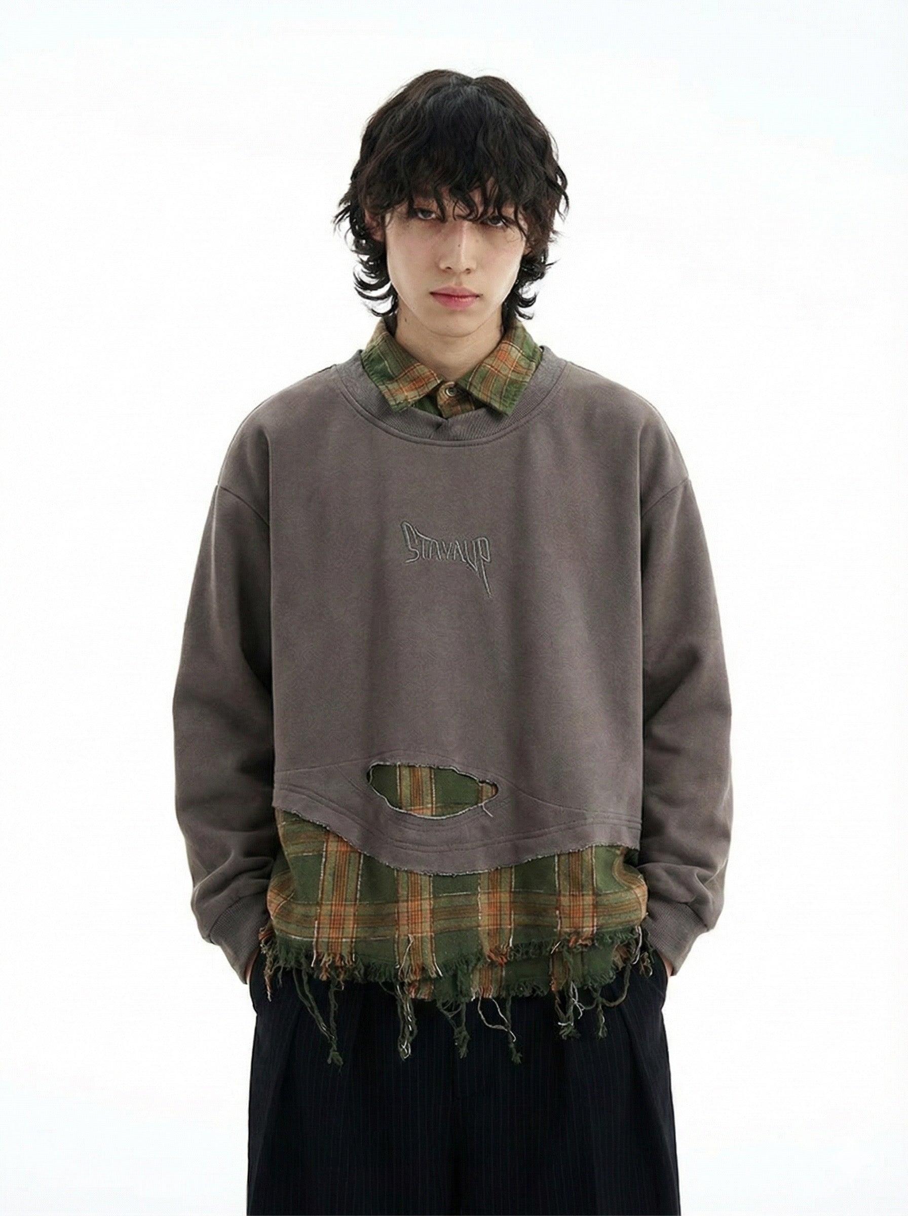 Plaid Patchwork Ripped Sweatshirt
