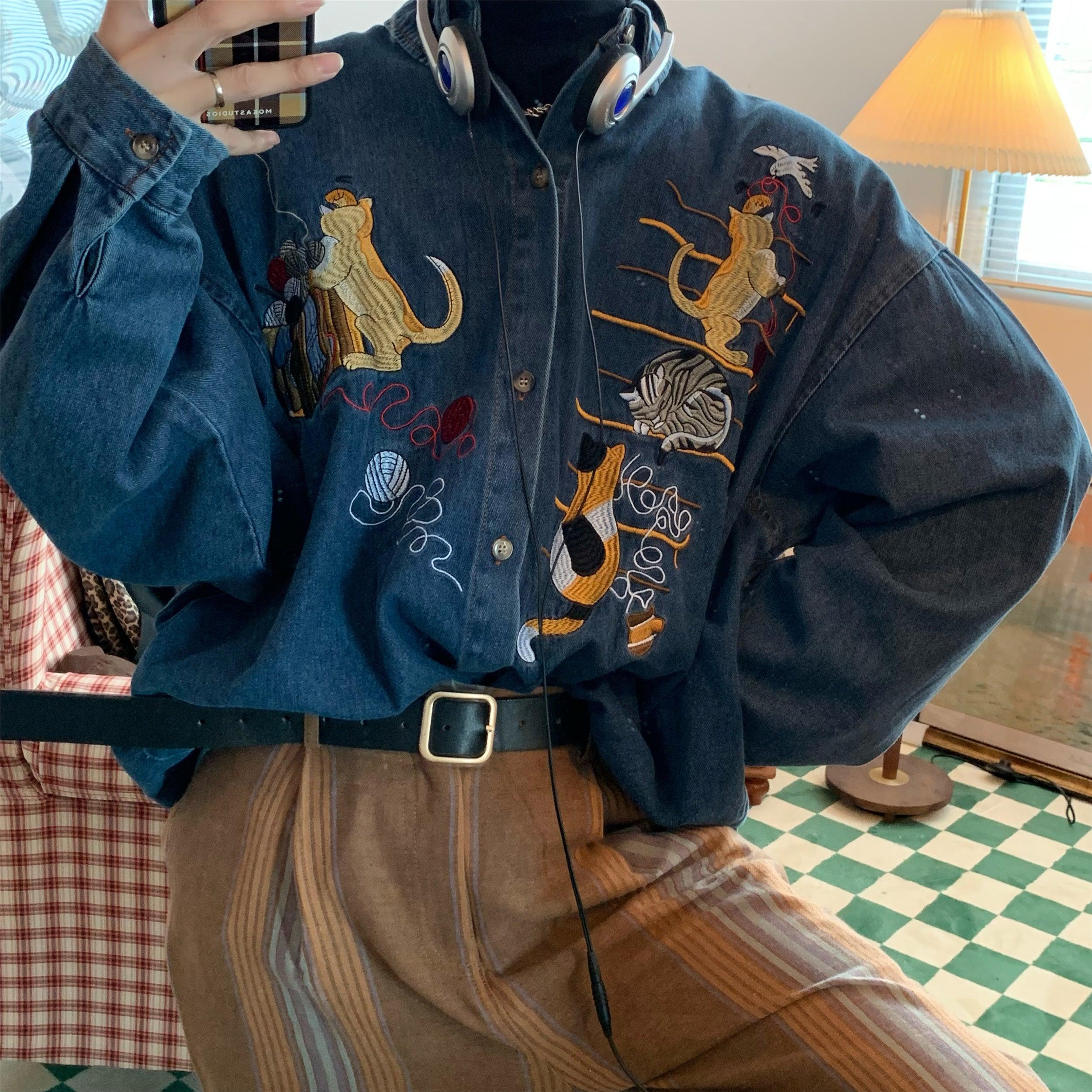 Cat Embroidery Retro Denim Shirt